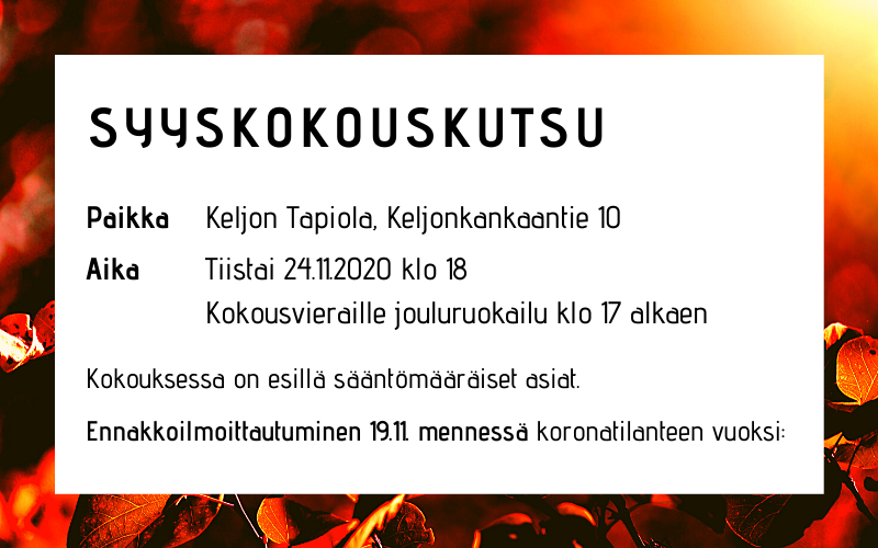 Tervetuloa syyskokoukseen 1.12. – ilmoittaudu tästä!