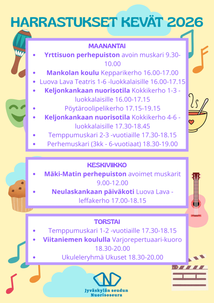 Juliste, jossa esitellään harrastusten viikkokalenteri